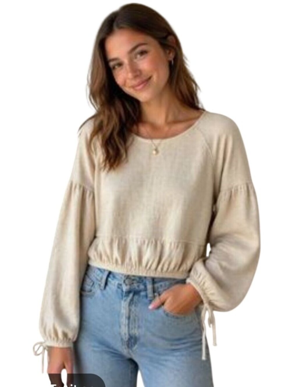 Aerie Endless Summer Cropped Sweatshirt Bishop Tie Sleeve Oversized Size XS